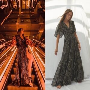 Ba&sh Dress Nixon Metallic Crossover-Neck Tie Maxi Party Black Gold XS GUC